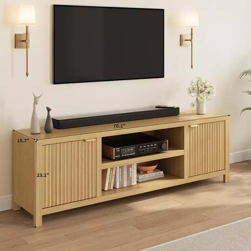 Mobile TV da 70 pollici con contenitore, anta scanalata e maniglia dorata, mobile console in legno per soggiorno e camera da letto