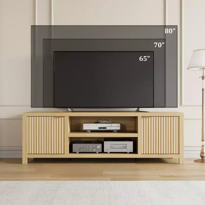 Mobile TV da 70 pollici con contenitore, anta scanalata e maniglia dorata, mobile console in legno per soggiorno e camera da letto