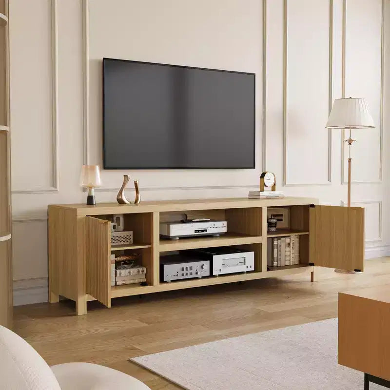 Mobile TV da 70 pollici con contenitore, anta scanalata e maniglia dorata, mobile console in legno per soggiorno e camera da letto