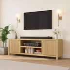 Mobile TV da 70 pollici con contenitore, anta scanalata e maniglia dorata, mobile console in legno per soggiorno e camera da letto