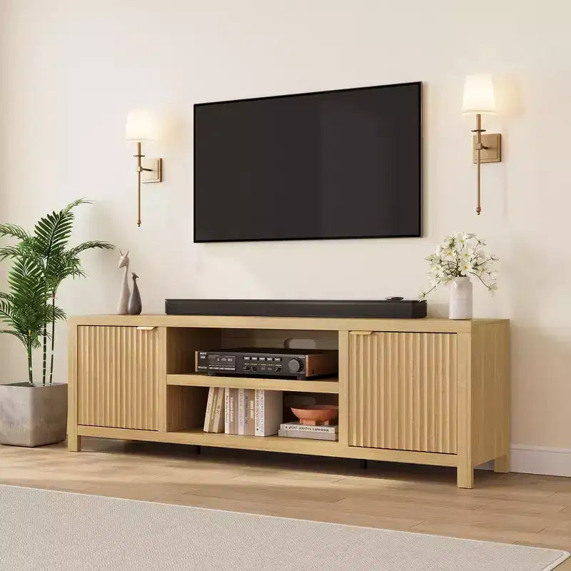 Mobile TV da 70 pollici con contenitore, anta scanalata e maniglia dorata, mobile console in legno per soggiorno e camera da letto