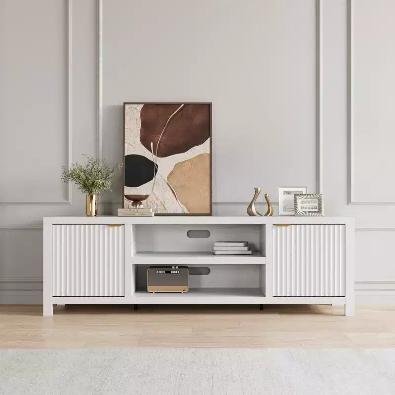 Mobile TV da 70 pollici con contenitore, anta scanalata e maniglia dorata, mobile console in legno per soggiorno e camera da letto