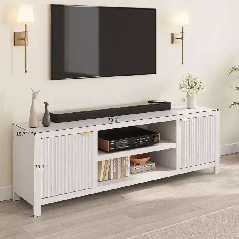 Mobile TV da 70 pollici con contenitore, anta scanalata e maniglia dorata, mobile console in legno per soggiorno e camera da letto