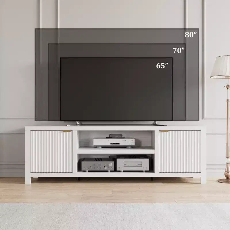 Mobile TV da 70 pollici con contenitore, anta scanalata e maniglia dorata, mobile console in legno per soggiorno e camera da letto