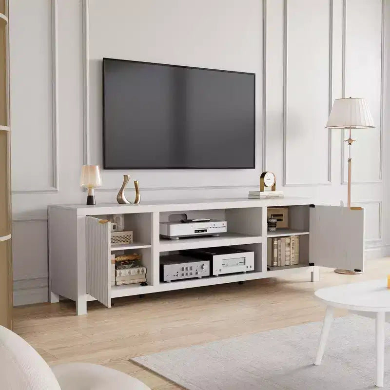 Mobile TV da 70 pollici con contenitore, anta scanalata e maniglia dorata, mobile console in legno per soggiorno e camera da letto