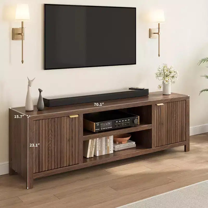 Mobile TV da 70 pollici con contenitore, anta scanalata e maniglia dorata, mobile console in legno per soggiorno e camera da letto