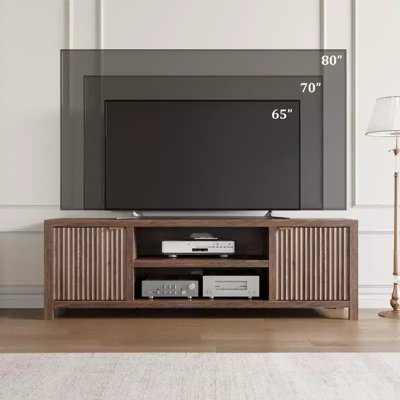 Mobile TV da 70 pollici con contenitore, anta scanalata e maniglia dorata, mobile console in legno per soggiorno e camera da letto