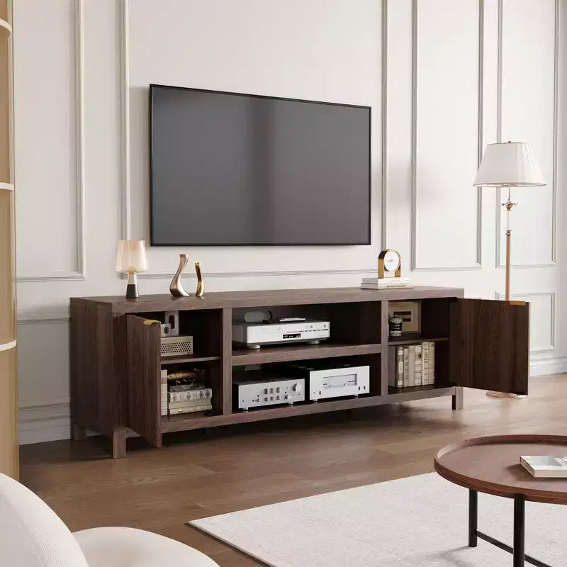 Mobile TV da 70 pollici con contenitore, anta scanalata e maniglia dorata, mobile console in legno per soggiorno e camera da letto