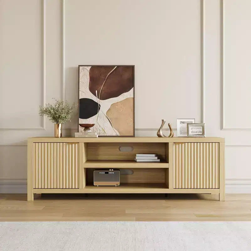 Mobile TV da 70 pollici con contenitore, anta scanalata e maniglia dorata, mobile console in legno per soggiorno e camera da letto