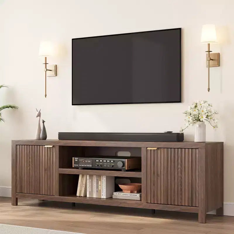 Garvee 70 TV Stand Entertainment Center with Storage, Fluted Door and Gold Handle, Wooden Media Console Cabinet for Living Room, Bedroom