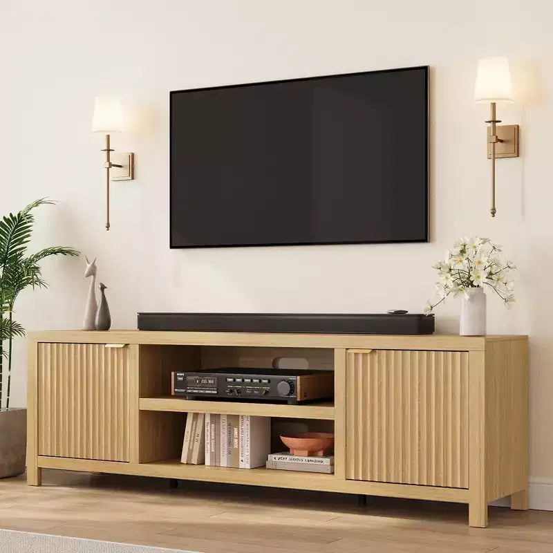 Mobile TV da 70 pollici con contenitore, anta scanalata e maniglia dorata, mobile console in legno per soggiorno e camera da letto