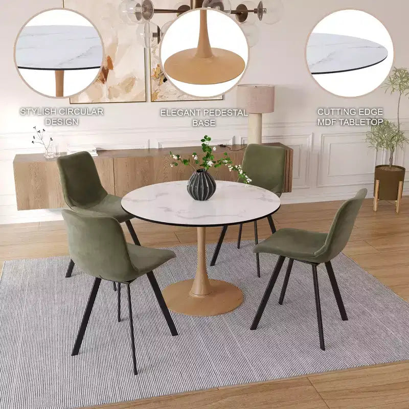 Tavolo da pranzo rotondo moderno da 35'', piano durevole in MDF e base in acciaio con effetto legno naturale per cucina, sala da pranzo o caffè