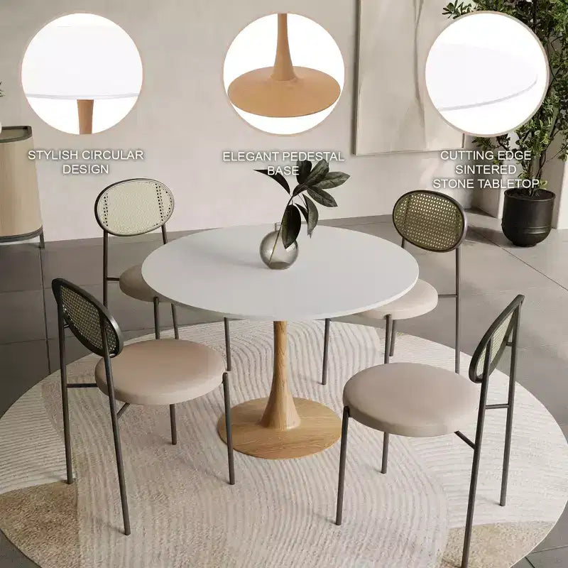 Tavolo da pranzo rotondo moderno da 35'', piano durevole in MDF e base in acciaio con effetto legno naturale per cucina, sala da pranzo o caffè
