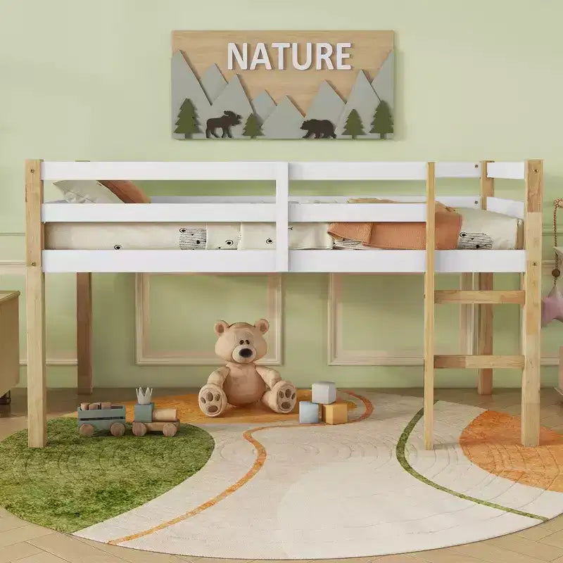 MAYEERTY Rubber Woood Loft Bed with Safety Ladder Multicolored