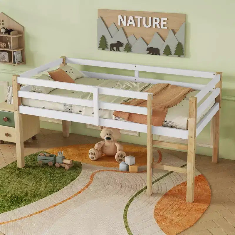 Letto a soppalco in legno di gomma con scaletta di sicurezza multicolore