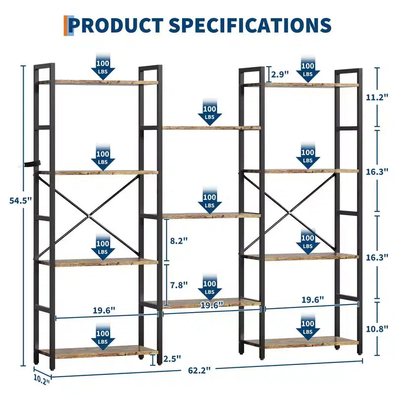 Libreria a 4 Ripiani, Scaffale Triplo Industriale, Libreria in Acciaio da 62 x 54 x 10 Pollici, Scaffale per Esposizione e Contenimento