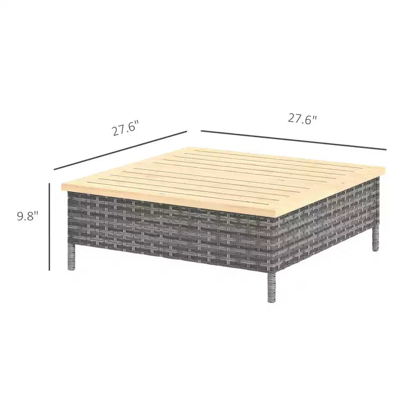 Tavolino da esterno con rattan PE, tavolino da patio con piano in legno di abete naturale, tavolino da esterno resistente alle intemperie per patio, piscina, portico