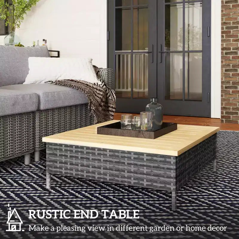 Tavolino da esterno con rattan PE, tavolino da patio con piano in legno di abete naturale, tavolino da esterno resistente alle intemperie per patio, piscina, portico