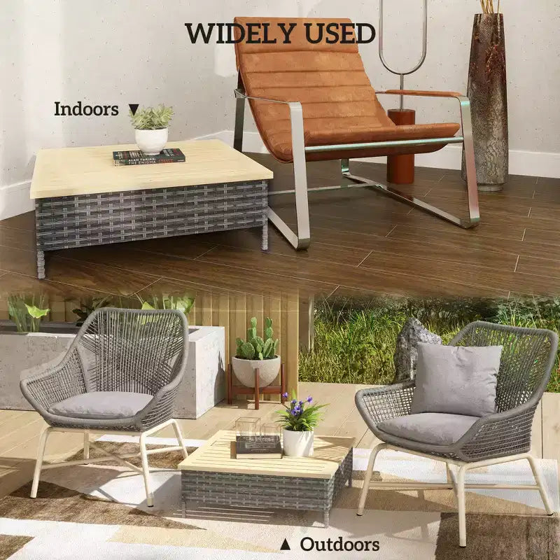 Tavolino da esterno con rattan PE, tavolino da patio con piano in legno di abete naturale, tavolino da esterno resistente alle intemperie per patio, piscina, portico