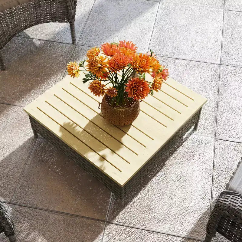 Tavolino da esterno con rattan PE, tavolino da patio con piano in legno di abete naturale, tavolino da esterno resistente alle intemperie per patio, piscina, portico