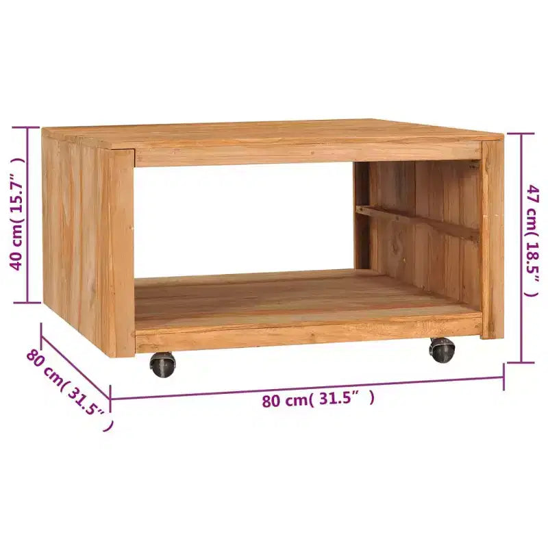 Tavolino da salotto, tavolino, tavolino da divano con ruote, in legno massello di teak – 80 x 80 x 40 cm