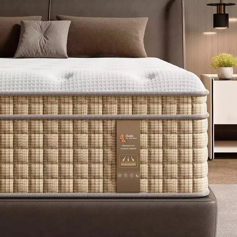 Materasso ibrido matrimoniale da 14", materasso in memory foam, a molle insacchettate, senza fibra di vetro - Beige e Bianco