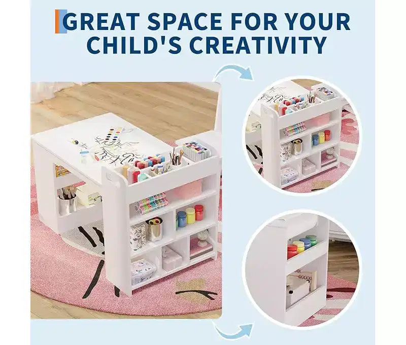 Scrivania da disegno per bambini, Scrivania da lavoro grande per bambini con 2 sedie, Scrivania multifunzionale per l'arte con ripiani portaoggetti per la cameretta dei bambini, l'asilo, la sala giochi, la scuola