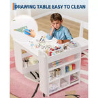 Scrivania da disegno per bambini, Scrivania da lavoro grande per bambini con 2 sedie, Scrivania multifunzionale per l'arte con ripiani portaoggetti per la cameretta dei bambini, l'asilo, la sala giochi, la scuola
