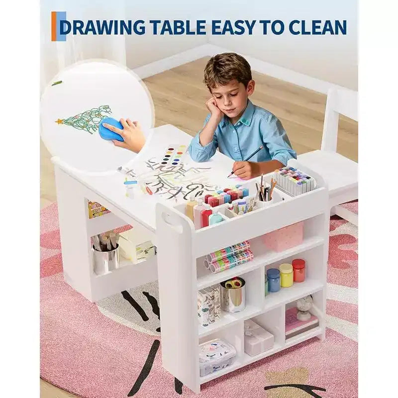 Scrivania da disegno per bambini, Scrivania da lavoro grande per bambini con 2 sedie, Scrivania multifunzionale per l'arte con ripiani portaoggetti per la cameretta dei bambini, l'asilo, la sala giochi, la scuola