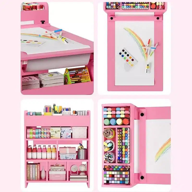 Scrivania da disegno per bambini, Scrivania da lavoro grande per bambini con 2 sedie, Scrivania multifunzionale per l'arte con ripiani portaoggetti per la cameretta dei bambini, l'asilo, la sala giochi, la scuola