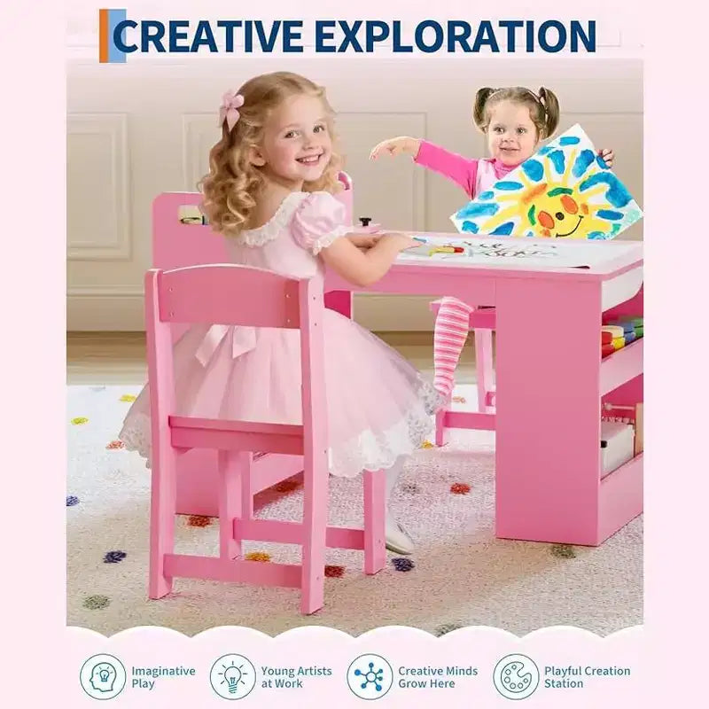 Scrivania da disegno per bambini, Scrivania da lavoro grande per bambini con 2 sedie, Scrivania multifunzionale per l'arte con ripiani portaoggetti per la cameretta dei bambini, l'asilo, la sala giochi, la scuola