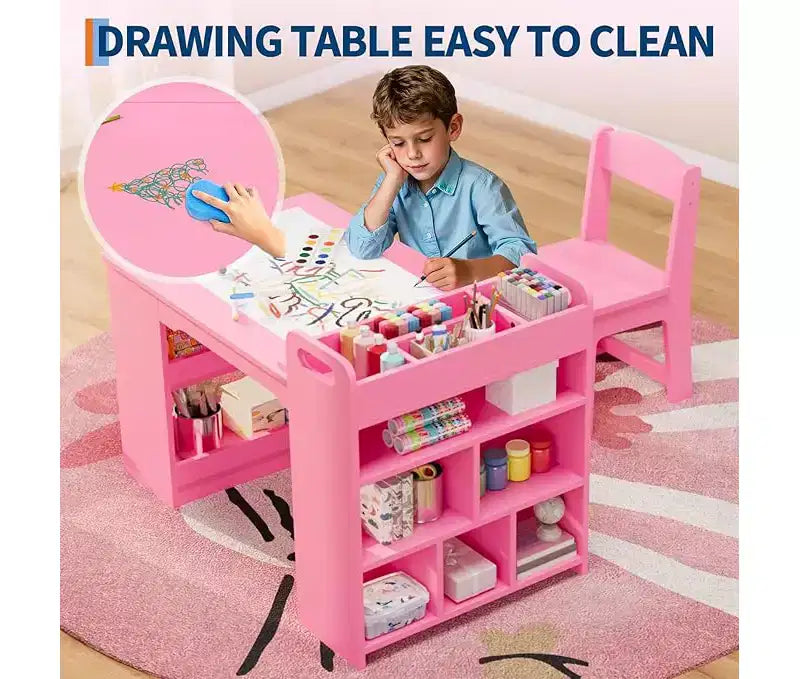 Scrivania da disegno per bambini, Scrivania da lavoro grande per bambini con 2 sedie, Scrivania multifunzionale per l'arte con ripiani portaoggetti per la cameretta dei bambini, l'asilo, la sala giochi, la scuola