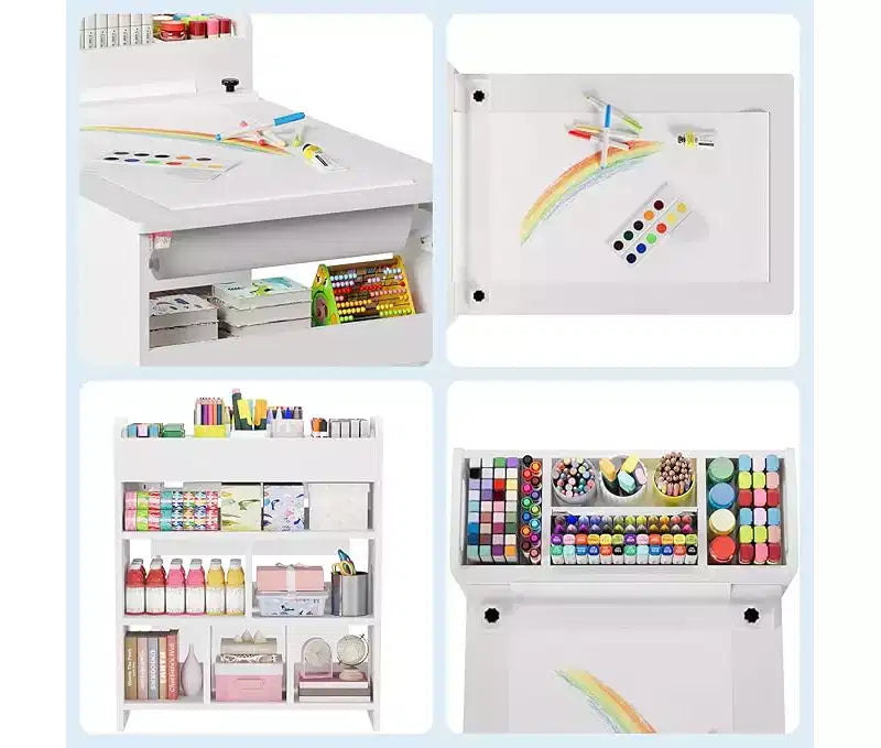 Scrivania da disegno per bambini, Scrivania da lavoro grande per bambini con 2 sedie, Scrivania multifunzionale per l'arte con ripiani portaoggetti per la cameretta dei bambini, l'asilo, la sala giochi, la scuola