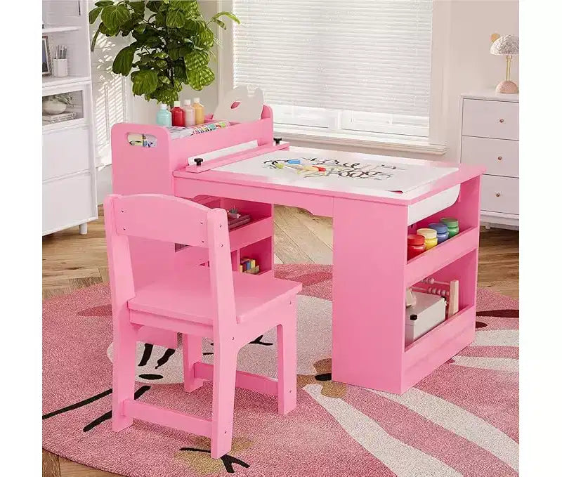 Kids Art desk, Large Kids Craft desk with 2 Chairs, Multi-Functional Art Desk with Storage Shelves for Children Room, Kindergarten, Playroom,School