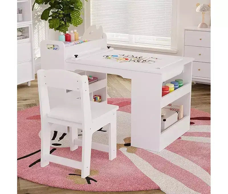 Scrivania da disegno per bambini, Scrivania da lavoro grande per bambini con 2 sedie, Scrivania multifunzionale per l'arte con ripiani portaoggetti per la cameretta dei bambini, l'asilo, la sala giochi, la scuola