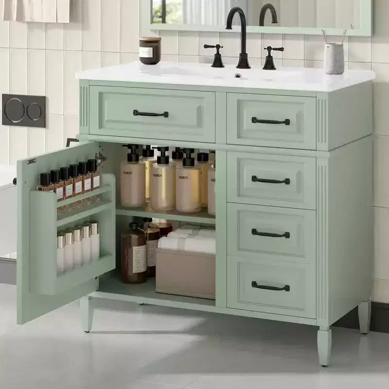 Mobile da Bagno 91cm con Lavabo Bianco Legno Massello Cassetto a Ribalta 3 Cassetti 2 Ante Maniglie in Metallo Nero MDF