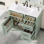 Mobile da Bagno 91cm con Lavabo Bianco Legno Massello Cassetto a Ribalta 3 Cassetti 2 Ante Maniglie in Metallo Nero MDF