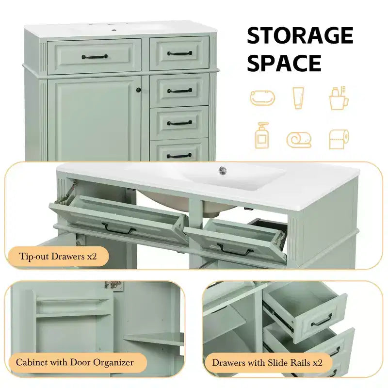 Mobile da Bagno 91cm con Lavabo Bianco Legno Massello Cassetto a Ribalta 3 Cassetti 2 Ante Maniglie in Metallo Nero MDF