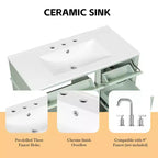 Mobile da Bagno 91cm con Lavabo Bianco Legno Massello Cassetto a Ribalta 3 Cassetti 2 Ante Maniglie in Metallo Nero MDF