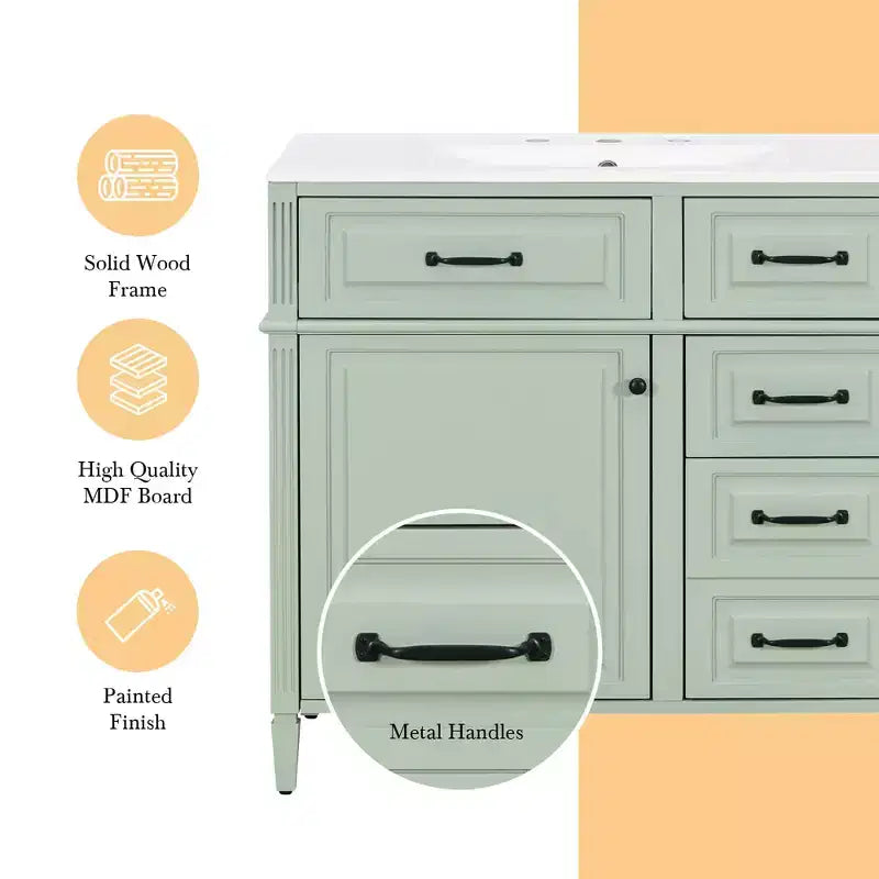 Mobile da Bagno 91cm con Lavabo Bianco Legno Massello Cassetto a Ribalta 3 Cassetti 2 Ante Maniglie in Metallo Nero MDF