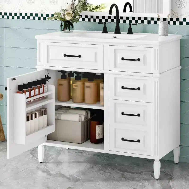 Mobile da Bagno 91cm con Lavabo Bianco Legno Massello Cassetto a Ribalta 3 Cassetti 2 Ante Maniglie in Metallo Nero MDF