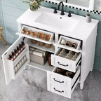 Mobile da Bagno 91cm con Lavabo Bianco Legno Massello Cassetto a Ribalta 3 Cassetti 2 Ante Maniglie in Metallo Nero MDF