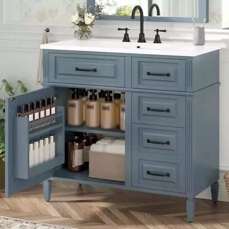 Mobile da Bagno 91cm con Lavabo Bianco Legno Massello Cassetto a Ribalta 3 Cassetti 2 Ante Maniglie in Metallo Nero MDF