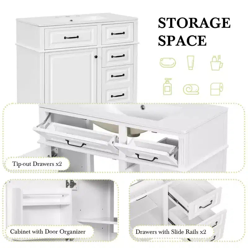 Mobile da Bagno 91cm con Lavabo Bianco Legno Massello Cassetto a Ribalta 3 Cassetti 2 Ante Maniglie in Metallo Nero MDF