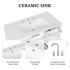 Mobile da Bagno 91cm con Lavabo Bianco Legno Massello Cassetto a Ribalta 3 Cassetti 2 Ante Maniglie in Metallo Nero MDF
