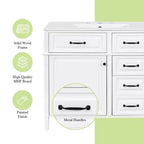 Mobile da Bagno 91cm con Lavabo Bianco Legno Massello Cassetto a Ribalta 3 Cassetti 2 Ante Maniglie in Metallo Nero MDF