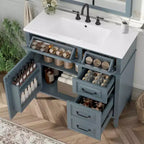 Mobile da Bagno 91cm con Lavabo Bianco Legno Massello Cassetto a Ribalta 3 Cassetti 2 Ante Maniglie in Metallo Nero MDF