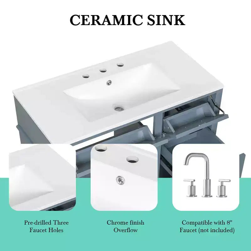 Mobile da Bagno 91cm con Lavabo Bianco Legno Massello Cassetto a Ribalta 3 Cassetti 2 Ante Maniglie in Metallo Nero MDF
