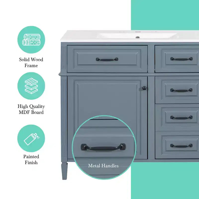 Mobile da Bagno 91cm con Lavabo Bianco Legno Massello Cassetto a Ribalta 3 Cassetti 2 Ante Maniglie in Metallo Nero MDF