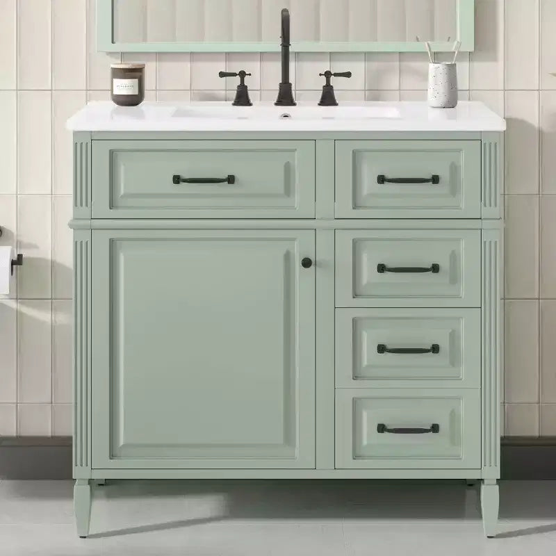 Mobile da Bagno 91cm con Lavabo Bianco Legno Massello Cassetto a Ribalta 3 Cassetti 2 Ante Maniglie in Metallo Nero MDF